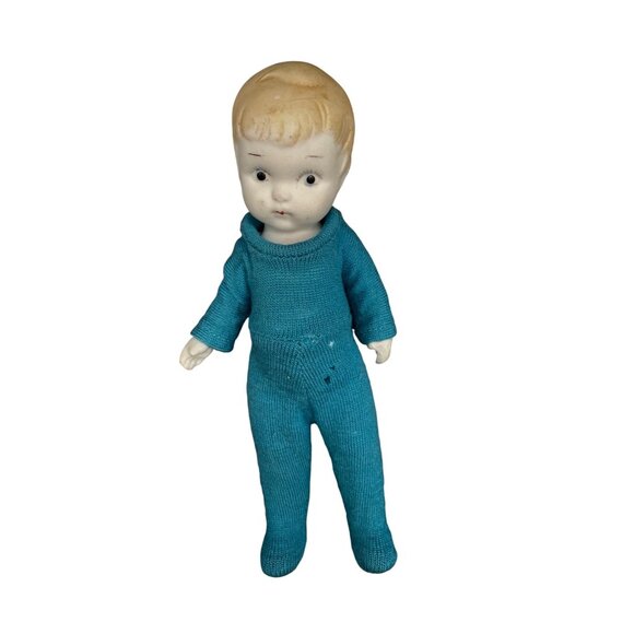 Vtg 7" Jointed Bisque Doll Turquoise Knit Outfit & Button Back Closure JAPAN - Picture 1 of 7